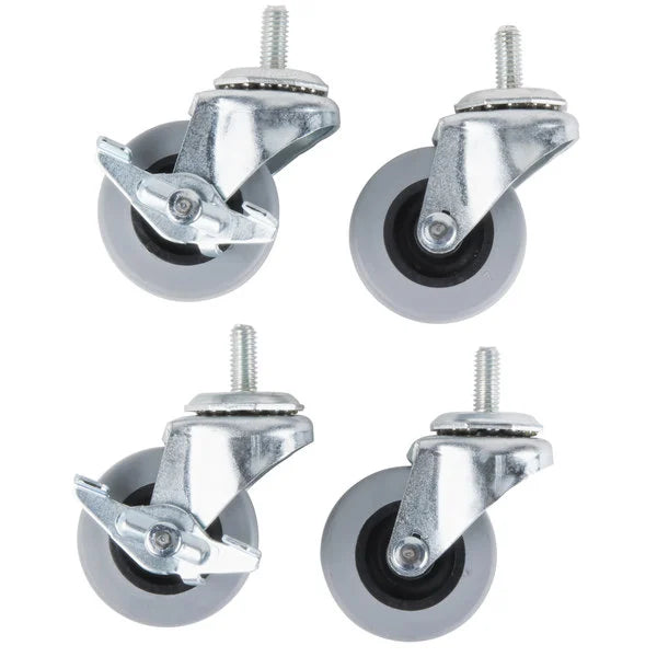 Four gray 2.5 inch locking swivel casters with metal mounts and threaded stems are arranged in a grid. Two casters have metal brakes, while the other two do not. The wheels have black centers and are positioned against a white background.