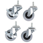 Four gray 2.5 inch locking swivel casters with metal mounts and threaded stems are arranged in a grid. Two casters have metal brakes, while the other two do not. The wheels have black centers and are positioned against a white background.