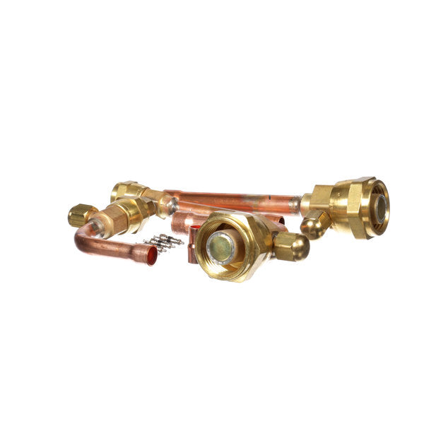 Two brass and copper refrigeration fittings from the Manitowoc Remote Coupling Kit K00129 are shown against a white background. One features a greenish spot, and both HVAC fittings with large hex nuts overlap diagonally in the image.