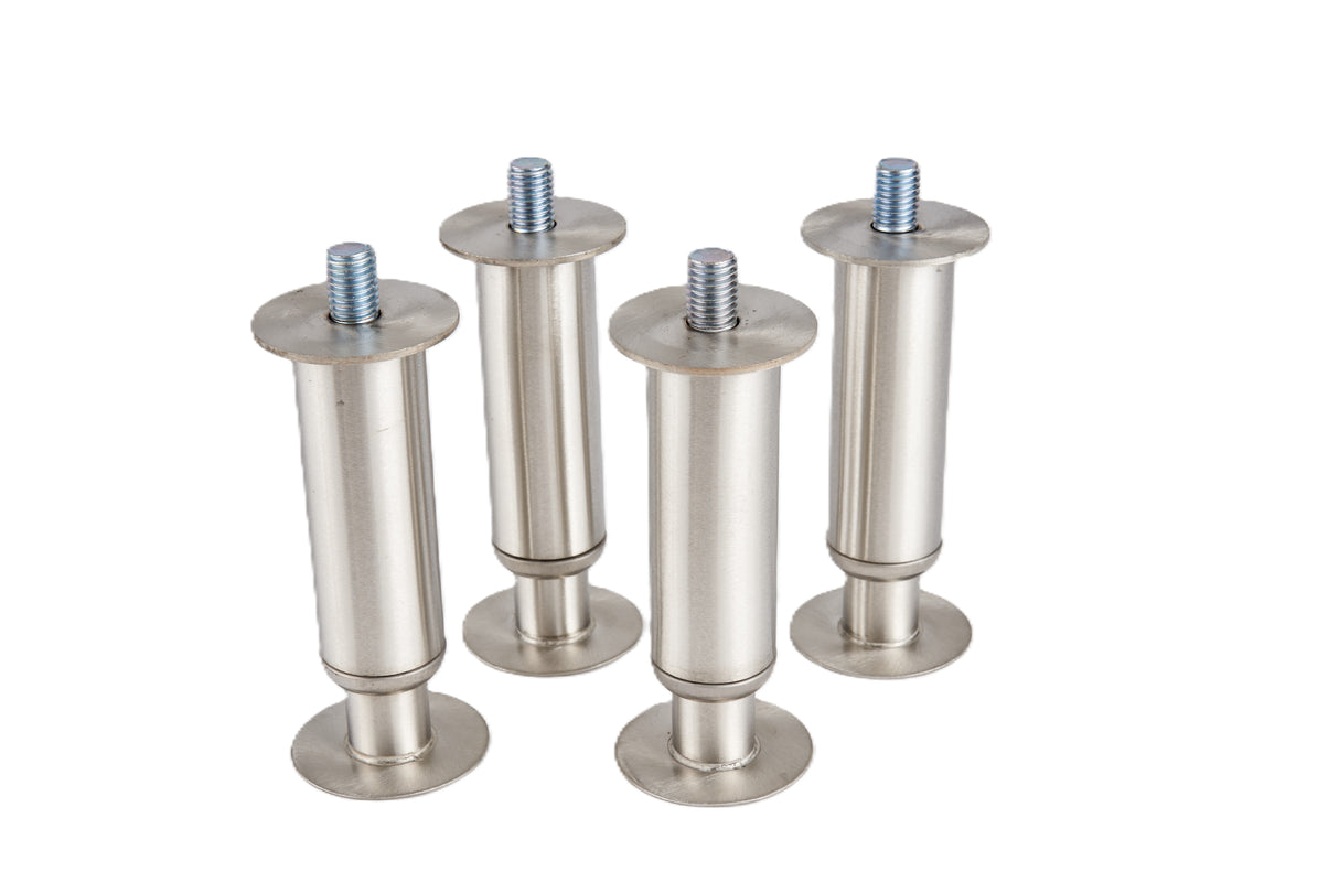 Four cylindrical stainless steel legs with wide round bases and adjustable flanged feet stand upright on a white background. The brushed silver finish and circular plates at both ends make these perfect legs for D-Series bins.