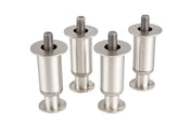 Four metal threaded bolts with flanged feet and wide cylindrical bodies stand upright on a white background. Each Manitowoc adjustable stainless steel bolt features a flat circular base and a visible threaded rod protruding from the top.