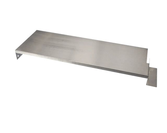 A rectangular, flat metal panel with a brushed finish, compatible with a Manitowoc S-Series ice machine. It features a perpendicular tab on the right and a left angled bracket with two holes, ideal as a Dispenser Baffle. Surface shows slight horizontal streak marks.