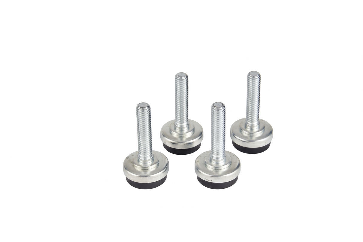 A group of screws with black rubber for use with the QM Series Leg Leveler, perfect as an adjustable leg leveler for Manitowoc equipment.