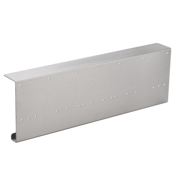 A rectangular, flat, stainless steel Water Filter Mounting Bracket for bins, featuring a smooth, brushed finish. It has multiple small, evenly spaced holes and a short vertical edge on one side, suggesting it is a Manitowoc mounting component.