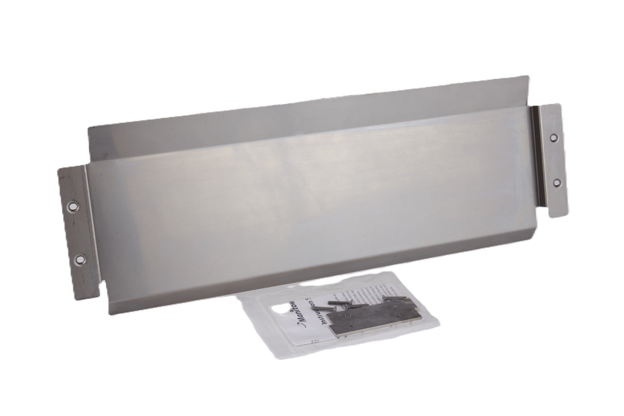 A rectangular metal kick plate for a Manitowoc S-Series ice machine is shown above an instruction sheet and hardware package, all on a white background. The brushed finish and slightly raised longer edges make it ideal as a dispenser baffle.