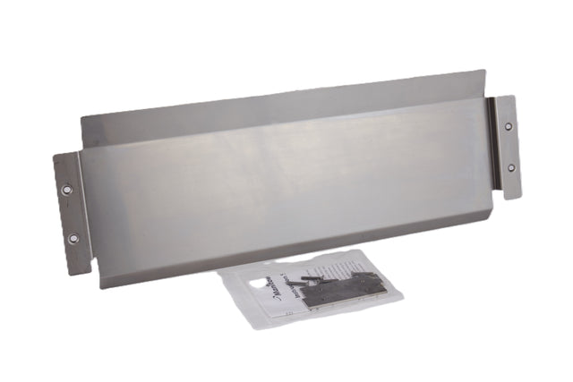 A rectangular metal kick plate for a Manitowoc S-Series ice machine is shown above an instruction sheet and hardware package, all on a white background. The brushed finish and slightly raised longer edges make it ideal as a dispenser baffle.