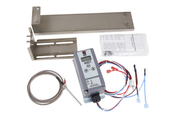 A Manitowoc S-3300 Bin Thermostat Kit (K00395) featuring a grey A421 control unit, stainless steel mounting brackets, a coiled sensor probe, colored wiring with connectors, and an instruction manual on a white background.