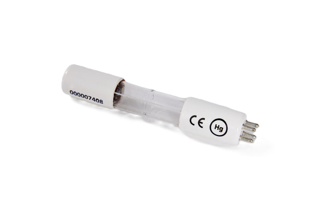 A cylindrical Manitowoc UV Replacement Bulb (K00425) with white ceramic ends, three metal pins for connection, and a transparent glass tube in the center. CE and Hg (mercury) markings plus a serial number are printed on one end.