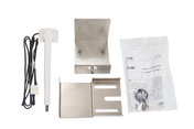 A Dispenser Thermostat Kit for an ice machine, featuring a temperature probe with black cable, two metal mounting brackets, screws and keys in a plastic bag, and a printed instruction sheet are arranged on a white background.