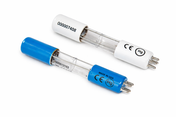 Two cylindrical UV Replacement Bulbs for Manitowoc are shown on a white background. Each lamp features a glass tube, blue or white end caps with metal prongs, and labels showing serial numbers, mercury (Hg) symbols, CE marks, and K00454.