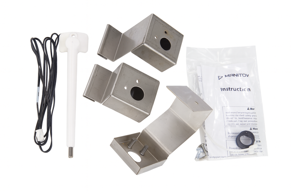 A Dispenser Thermostat Kit for the Indigo Series, featuring a white electronic probe with black cable, three angled metal brackets, screws, plastic knob, and an instruction sheet labeled “MANITOW”—ideal for ice machine overfill prevention.