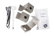 A Dispenser Thermostat Kit for the Indigo Series, featuring a white electronic probe with black cable, three angled metal brackets, screws, plastic knob, and an instruction sheet labeled “MANITOW”—ideal for ice machine overfill prevention.