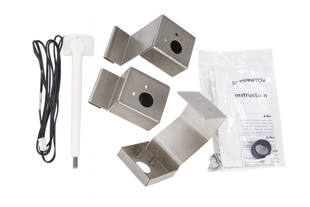A Dispenser Thermostat Kit for the Indigo Series, featuring a white electronic probe with black cable, three angled metal brackets, screws, plastic knob, and an instruction sheet labeled “MANITOW”—ideal for ice machine overfill prevention.