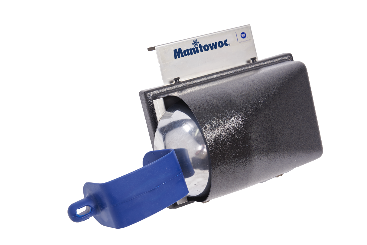 A black and silver Manitowoc ice machine part with a metallic cylindrical component, blue plastic lever, and rectangular label showing the Manitowoc logo, featuring an NSF-certified wall mount design, set against a white background.