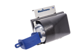 A black and silver Manitowoc ice machine part with a metallic cylindrical component, blue plastic lever, and rectangular label showing the Manitowoc logo, featuring an NSF-certified wall mount design, set against a white background.