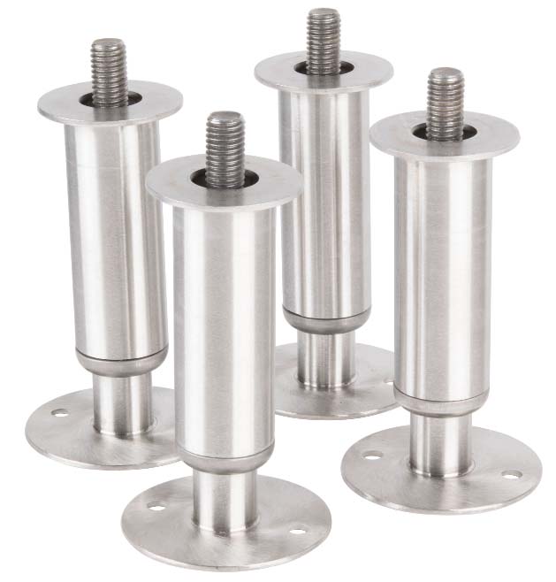 Four cylindrical metal furniture legs with round bases and threaded bolt tops stand upright. The bases have screw holes for mounting, ensuring secure fastening. Brushed stainless steel finish and adjustable stainless steel feet give a modern, industrial look.