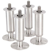 Four cylindrical metal furniture legs with round bases and threaded bolt tops stand upright. The bases have screw holes for mounting, ensuring secure fastening. Brushed stainless steel finish and adjustable stainless steel feet give a modern, industrial look.