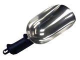 A large, shiny cast aluminum ice scoop with a deep, oval-shaped bowl and a sturdy black handle featuring a hole at the end for hanging. The reflective surface shows curved highlights, set against a plain white background.