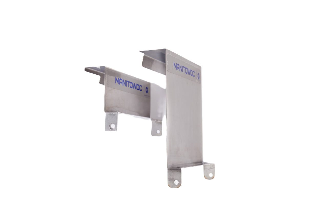 Two brushed metal brackets with MANITOWOC printed in blue are shown against a white background. Each External Scoop Holder Extension (K00482) features mounting holes and angular designs, ideal for supporting or attaching components.