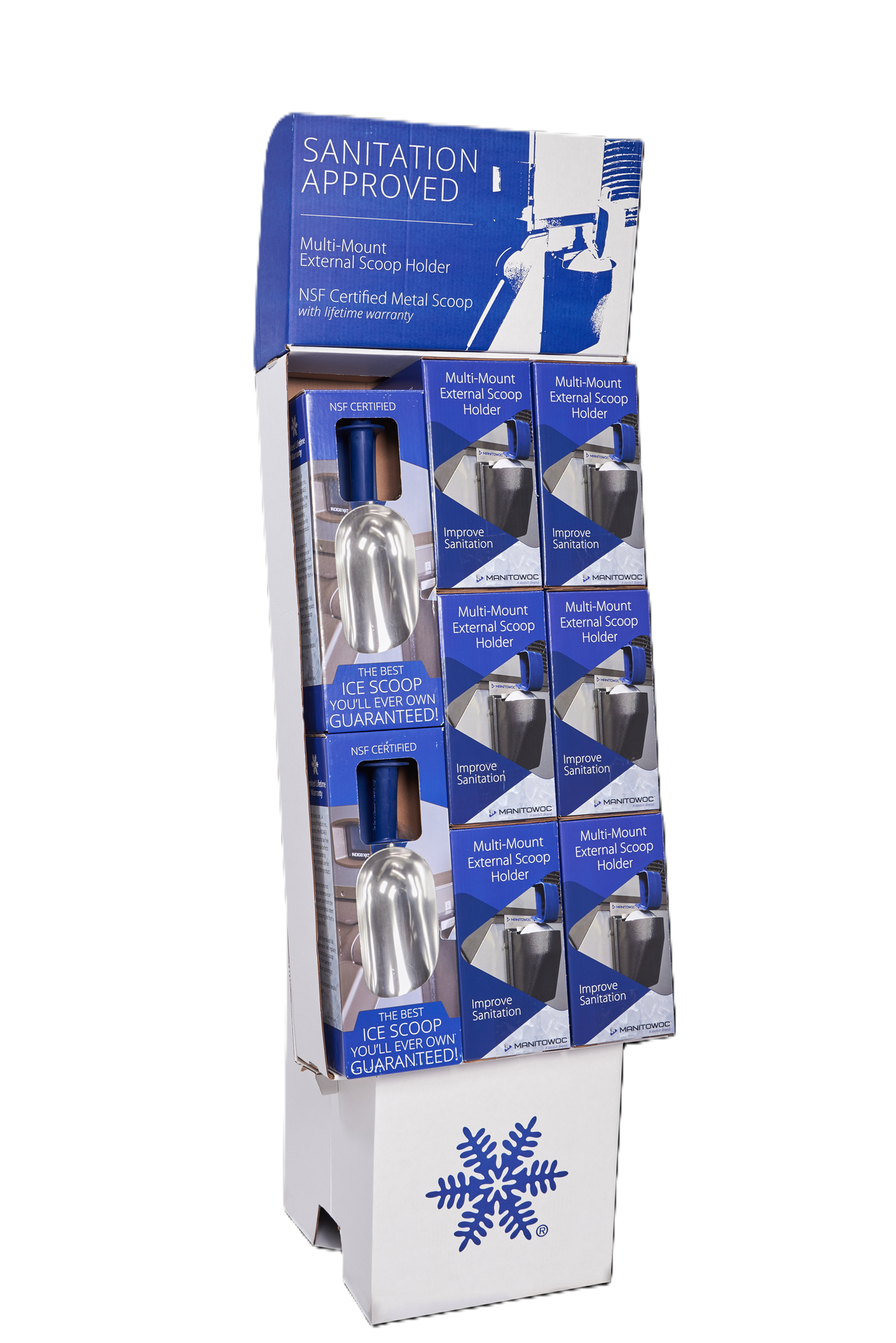 A tall display stand showcases multiple metal scoops in clear packaging, with blue and white signage reading SANITATION APPROVED. The merchandising kit highlights features like “NSF Certified Metal Scoop” and “Multi-Mount External Scoop Holder.”.