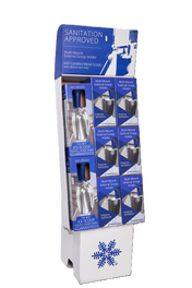 A tall display stand showcases multiple metal scoops in clear packaging, with blue and white signage reading SANITATION APPROVED. The merchandising kit highlights features like “NSF Certified Metal Scoop” and “Multi-Mount External Scoop Holder.”.