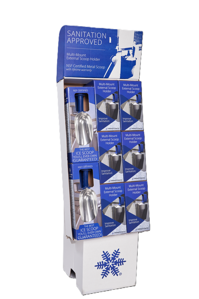 A tall display stand showcases multiple metal scoops in clear packaging, with blue and white signage reading SANITATION APPROVED. The merchandising kit highlights features like “NSF Certified Metal Scoop” and “Multi-Mount External Scoop Holder.”.