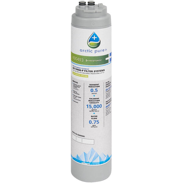 A tall, cylindrical replacement water filter cartridge labeled “arctic pure+,” compatible with Manitowoc systems and AR-10000-P filters. The label features blue-green accents, a droplet logo, filtration details, 15,000-gallon capacity, and three connector ports.