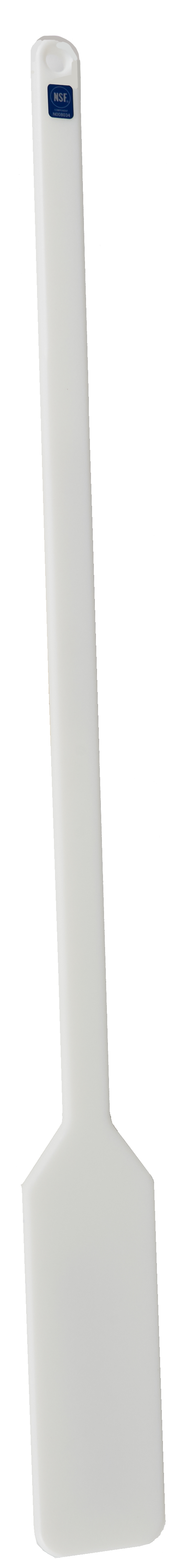 A white plastic spatula with a long handle and a rectangular, slightly angled flat blade. NSF certified, it is ideal for dislodging ice jams. There is a small blue label near the top of the handle, photographed against a plain white background.
