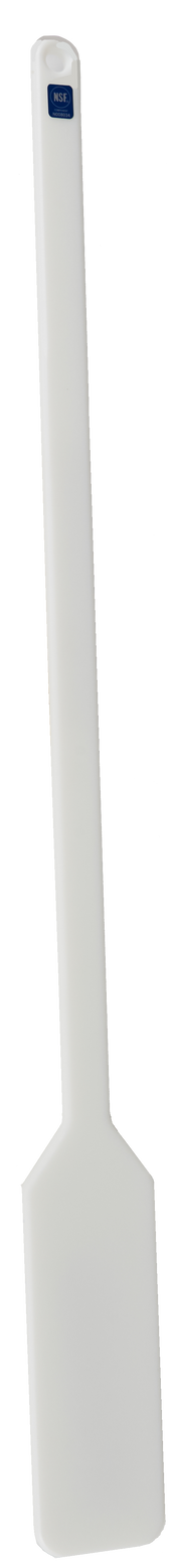 A white plastic spatula with a long handle and a rectangular, slightly angled flat blade. NSF certified, it is ideal for dislodging ice jams. There is a small blue label near the top of the handle, photographed against a plain white background.