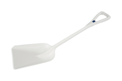 A white, plastic ice shovel with a wide, flat blade and a triangular grip handle. Perfect for scooping ice, this NSF certified shovel is photographed diagonally on a plain white background with the blade down and handle up to the right.