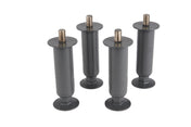 Four black cylindrical adjustable furniture legs stand upright on a white background. Each leg has a threaded metal bolt on top and a wide, round plastic base at the bottom for stability—ideal for replacement ice totes like those from Manitowoc or NSF totes.