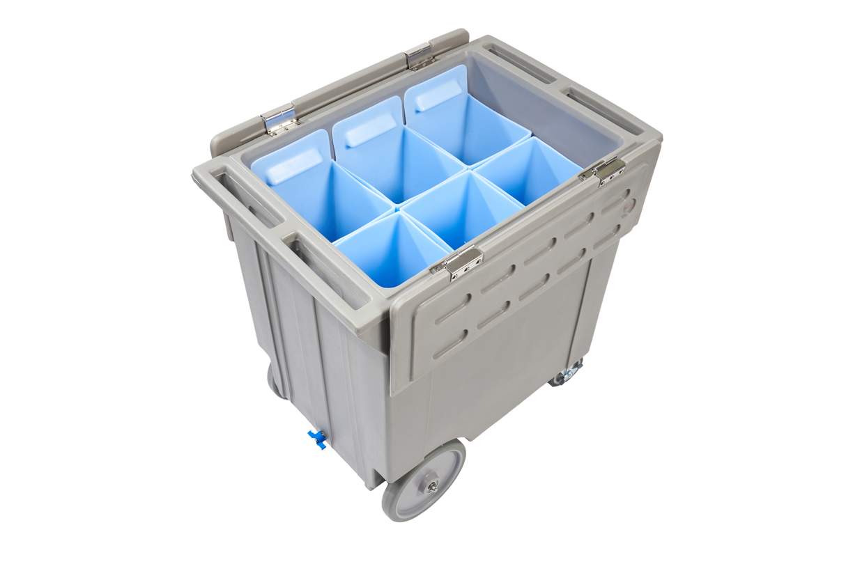 A large gray LBCS1360 rolling cart with a hinged lid is open, revealing six blue rectangular bins inside. This Replacement NSF ice cart for Manitowoc features two large wheels, two small casters, molded side handles, and a plain white background.