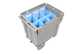 A large gray LBCS1360 rolling cart with a hinged lid is open, revealing six blue rectangular bins inside. This Replacement NSF ice cart for Manitowoc features two large wheels, two small casters, molded side handles, and a plain white background.