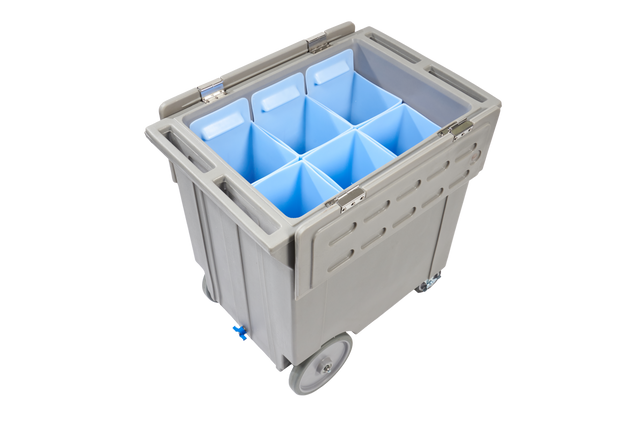 A large gray LBCS1360 rolling cart with a hinged lid is open, revealing six blue rectangular bins inside. This Replacement NSF ice cart for Manitowoc features two large wheels, two small casters, molded side handles, and a plain white background.
