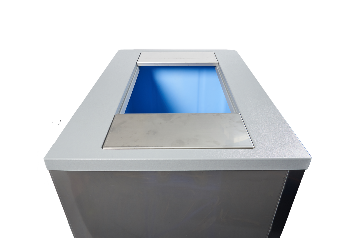 A close-up view of a modern, rectangular recycling bin with a silver metallic top, similar in finish to a Manitowoc Indigo NXT ice machine. The plain white background keeps the replacement bin adapter as the central focus of the image.