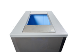 A close-up view of a modern, rectangular recycling bin with a silver metallic top, similar in finish to a Manitowoc Indigo NXT ice machine. The plain white background keeps the replacement bin adapter as the central focus of the image.