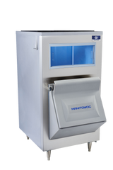 A stainless steel Manitowoc LB0730 with a front blue-lit window and an open gray ice storage bin below, angled outward. The machine stands on four metal legs and features a sleek, modern design against a white background.