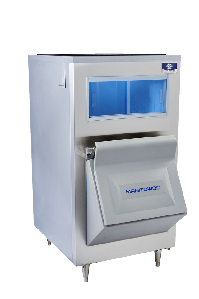 A stainless steel Manitowoc LB0730 with a front blue-lit window and an open gray ice storage bin below, angled outward. The machine stands on four metal legs and features a sleek, modern design against a white background.