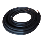 A coiled length of thick black insulated copper wire, ideal for condensing units, is shown with both ends exposed to reveal the copper inner core. The cable, featuring a 30 ft. length, is smoothly wound in a circular shape on a plain white background.