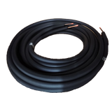 A coiled length of thick black insulated electrical cable with exposed copper wire ends on both sides, placed on a white background. Ideal for use with Manitowoc or CVDF2100 condensing unit installations, the cable features a smooth matte finish.