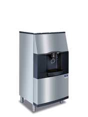 A modern silver and black Vending Ice Dispenser with a touchless lever, dispenser, drip tray, and short legs. The machine features a sleek angular design, digital display above the dispensing area, and metallic surface with black accents.