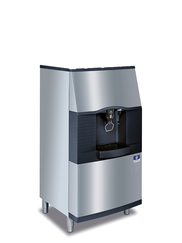 A modern silver and black Vending Ice Dispenser with a touchless lever, dispenser, drip tray, and short legs. The machine features a sleek angular design, digital display above the dispensing area, and metallic surface with black accents.