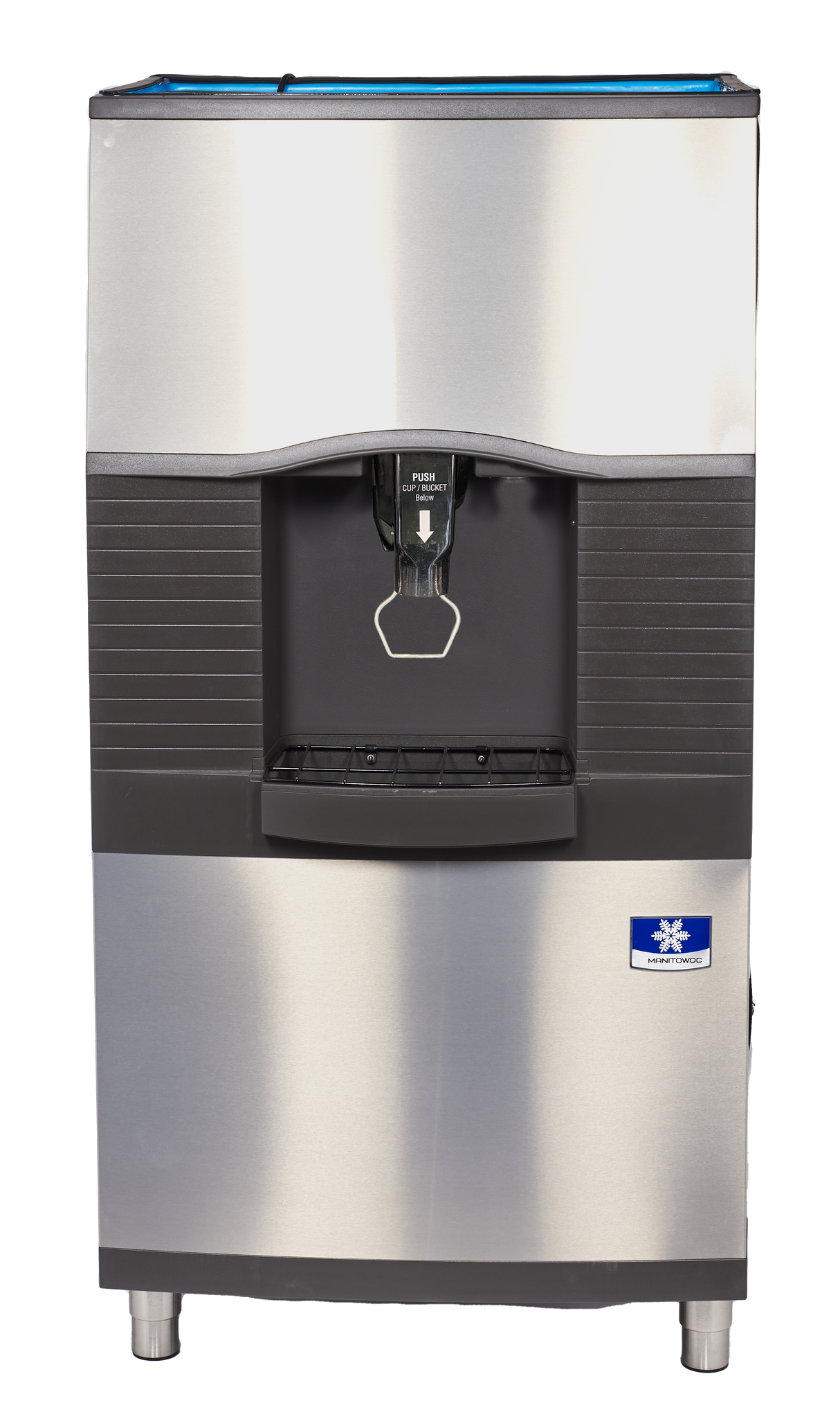 A stainless steel commercial Vending Ice Dispenser with a black panel, push button, and dispensing area. It features a drip tray, blue-and-white manufacturer label, vertical black ridges, and is ideal for ice bucket filling in busy environments.