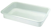 A white, rectangular plastic tray made of high-density polyethylene with smooth sides and rounded corners, photographed on a plain white background. This shallow, empty dough container is ideal for serving, organizing, or holding items.