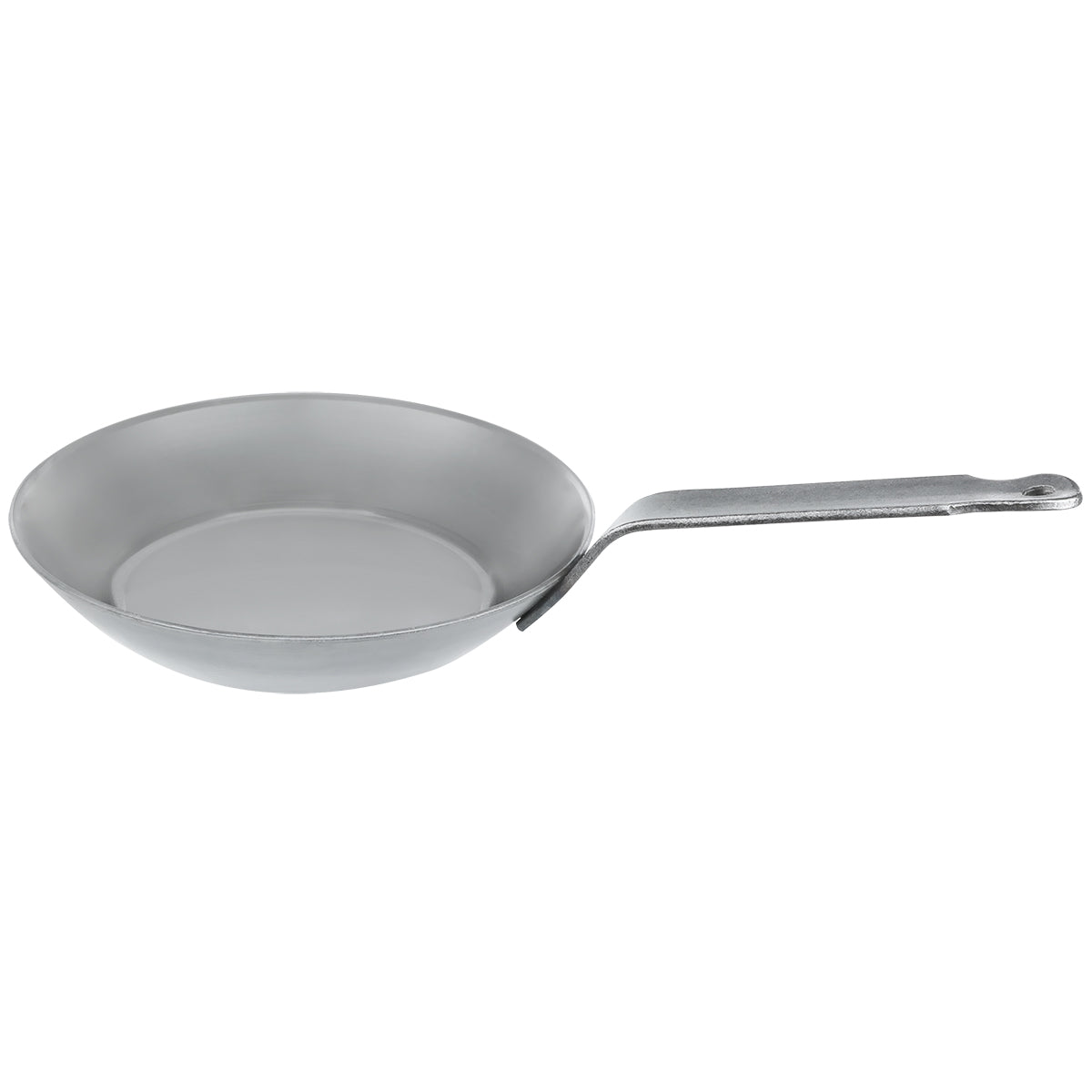 Angled side view of the Matfer Bourgeat 062001 black steel frying pan with riveted handle, ideal for commercial kitchens using gas, electric, or induction.