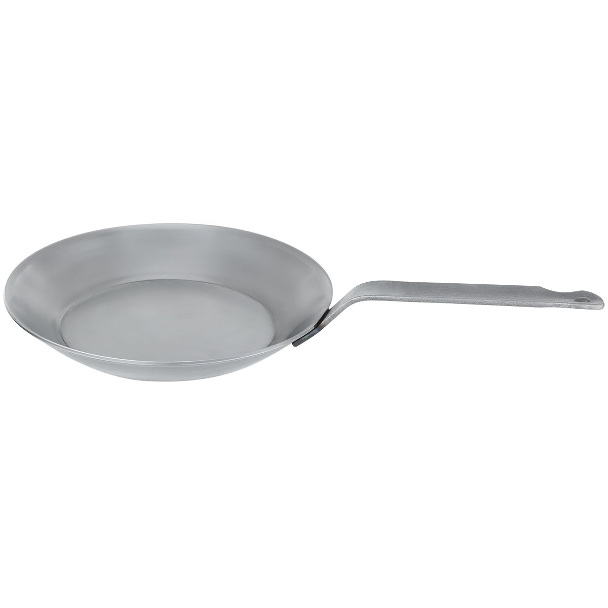 Right-facing profile of the Matfer Bourgeat 062002 9.5-inch black steel frying pan with a riveted handle, designed for professional kitchens.