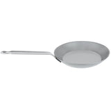 Commercial-grade Matfer Bourgeat 062003 black steel fry pan showing flat cooking surface and long handle