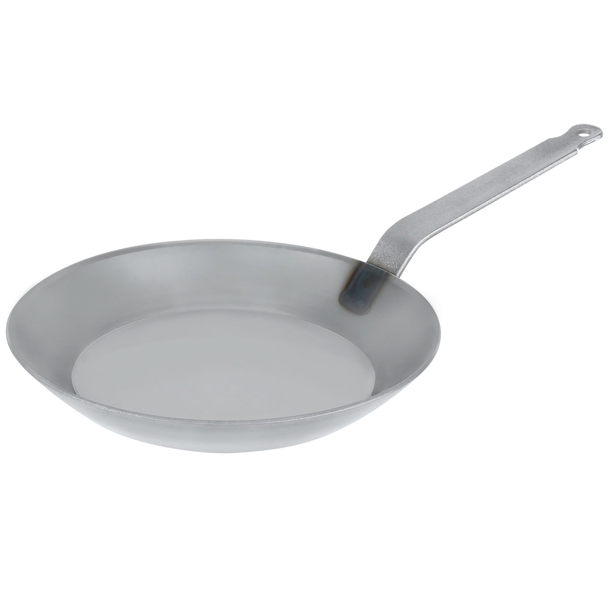 Angled view of the Matfer Bourgeat 062003 professional frying pan made from black steel with welded handle