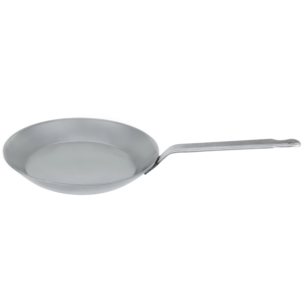 Side view of the Matfer Bourgeat 062004 11-inch black steel frying pan with steel strip handle for professional kitchens