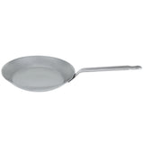 Side view of the Matfer Bourgeat 062004 11-inch black steel frying pan with steel strip handle for professional kitchens